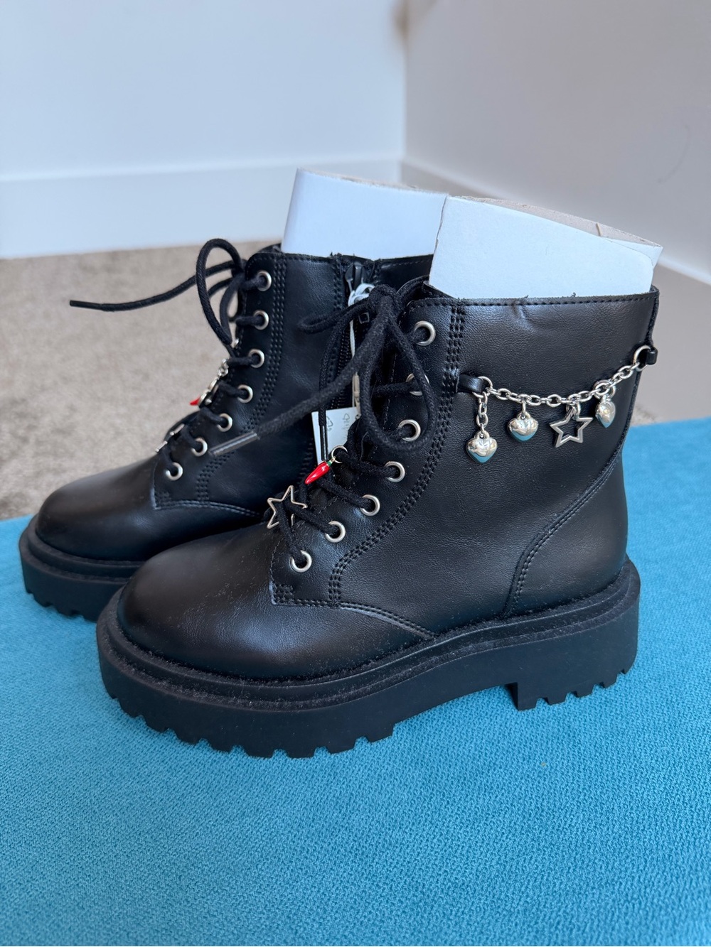 Zara Black Lace-Up Platform Combat Boots with Charm Chain Accents